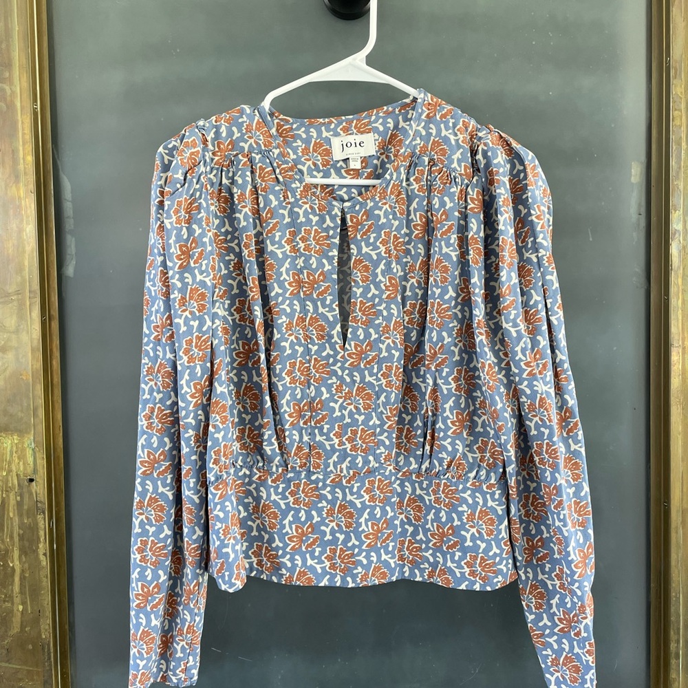 Joie Floral Puff Sleeve Blouse Blue Rust Size Large